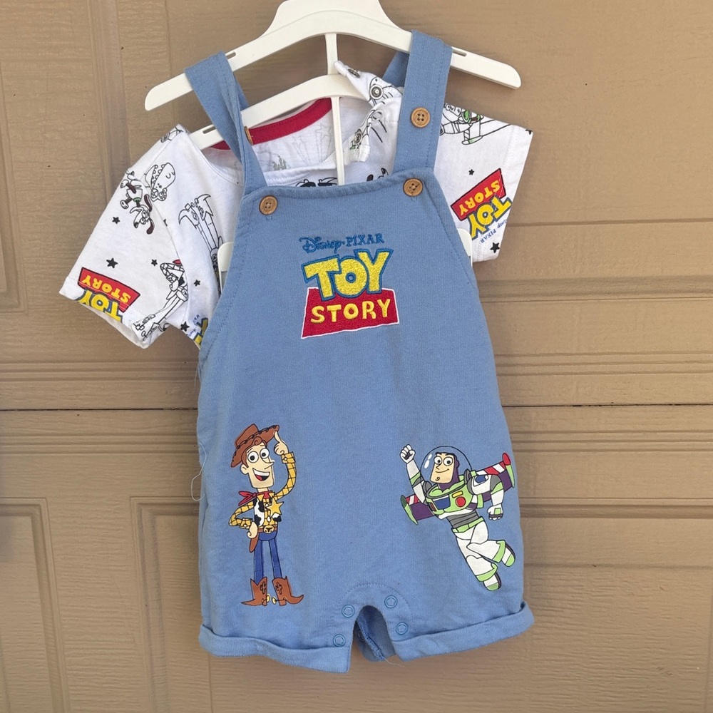 Disney Toy Story Blue Overall Shorts with Graphic Tee
